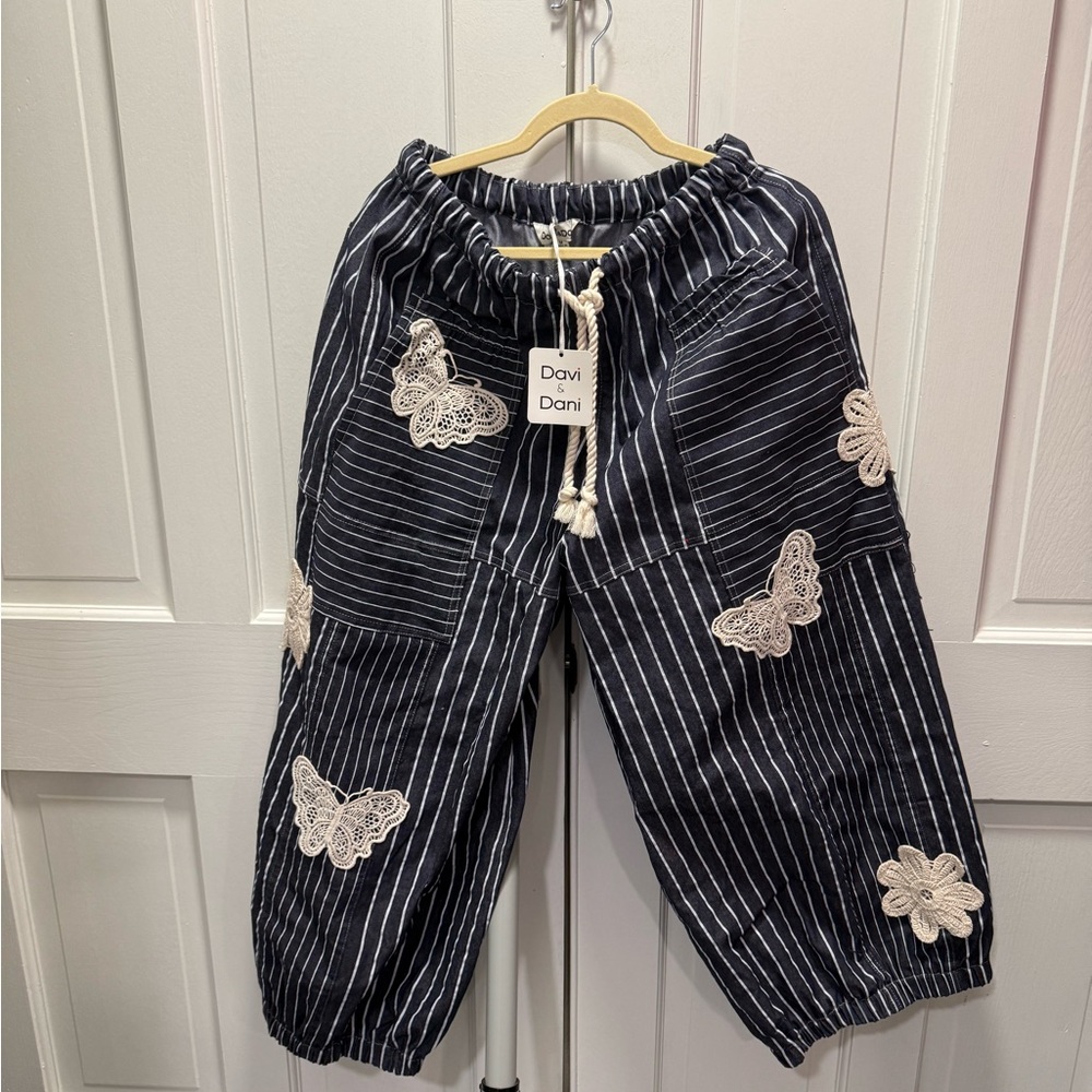 Davi & Dani womens Navy Striped Bottoms with Floral and Butterfly Accents